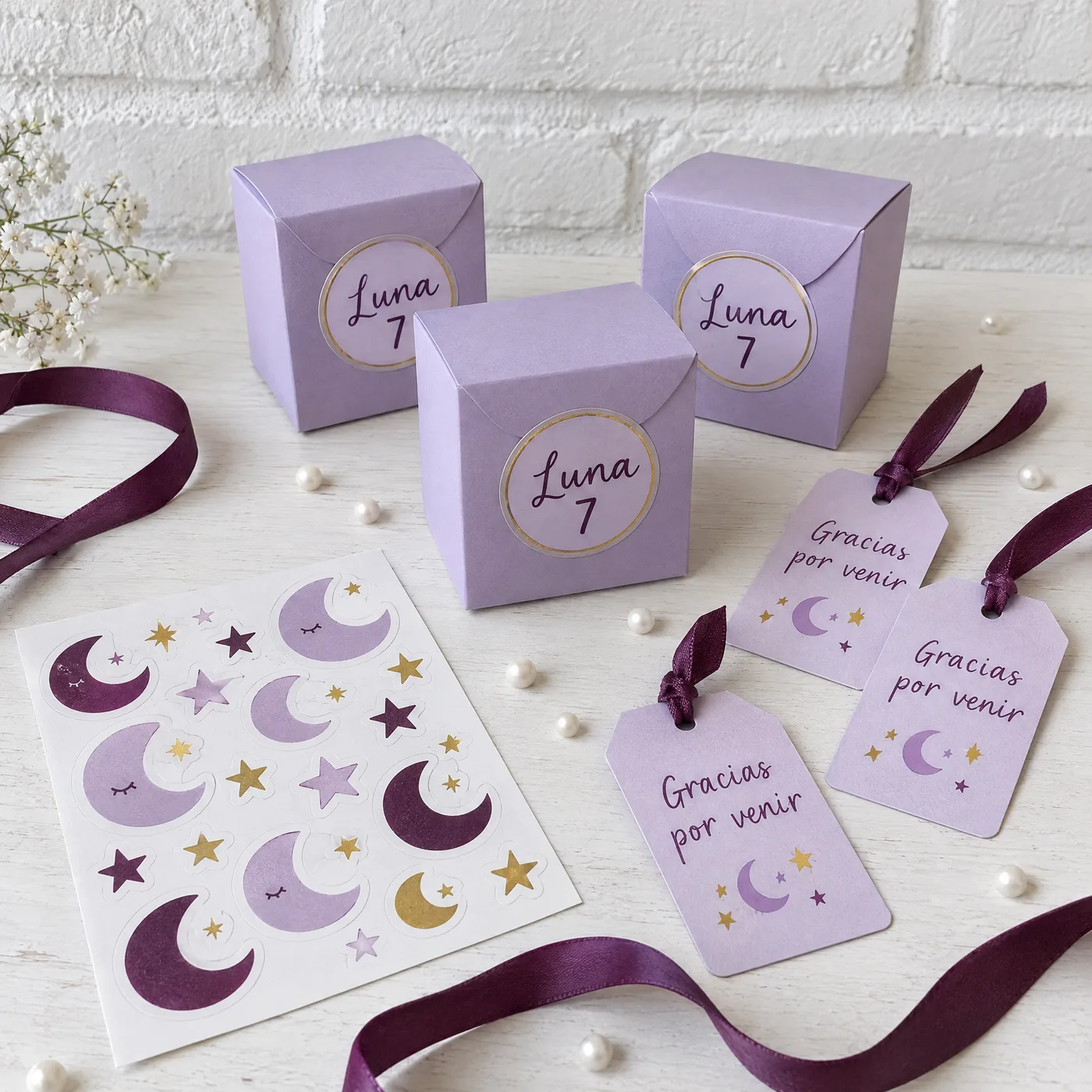 Kit de la fiesta de Luna: cajitas lilas con sticker Luna 7, etiquetas que dicen Gracias por venir y una hoja de stickers de lunas y estrellas