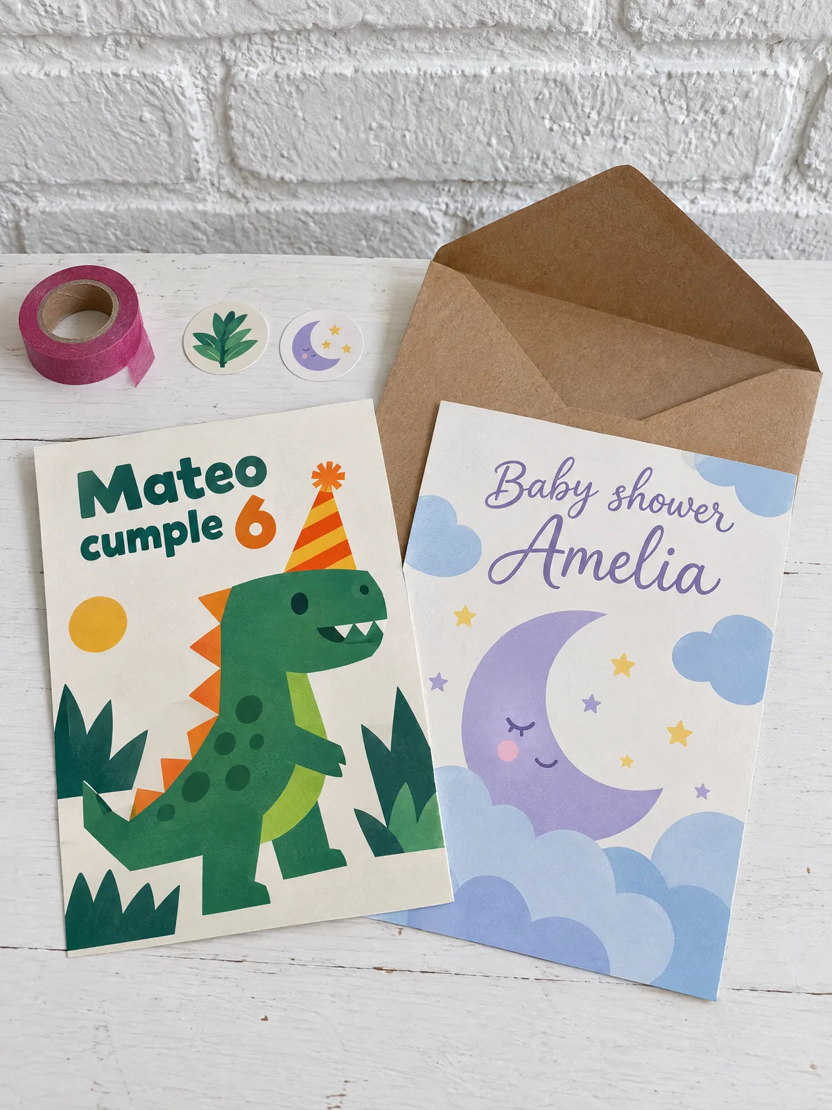 Dos invitaciones ilustradas: un dinosaurio con gorro de fiesta que dice Mateo cumple 6 y una luna entre nubes que dice Baby shower Amelia, junto a un sobre kraft